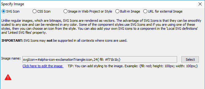 The 'Error icon' property opens the 'Specify Image' dialog.